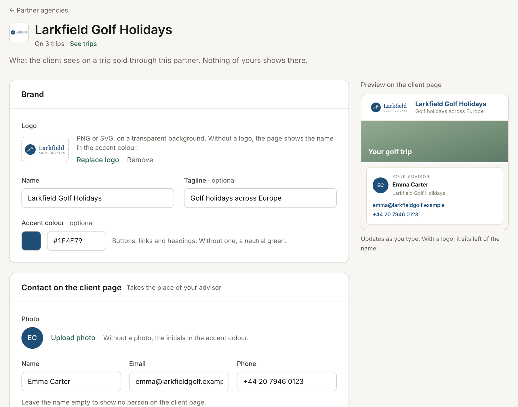 Partner agencies settings showing a partner’s branding, contact details and booking terms