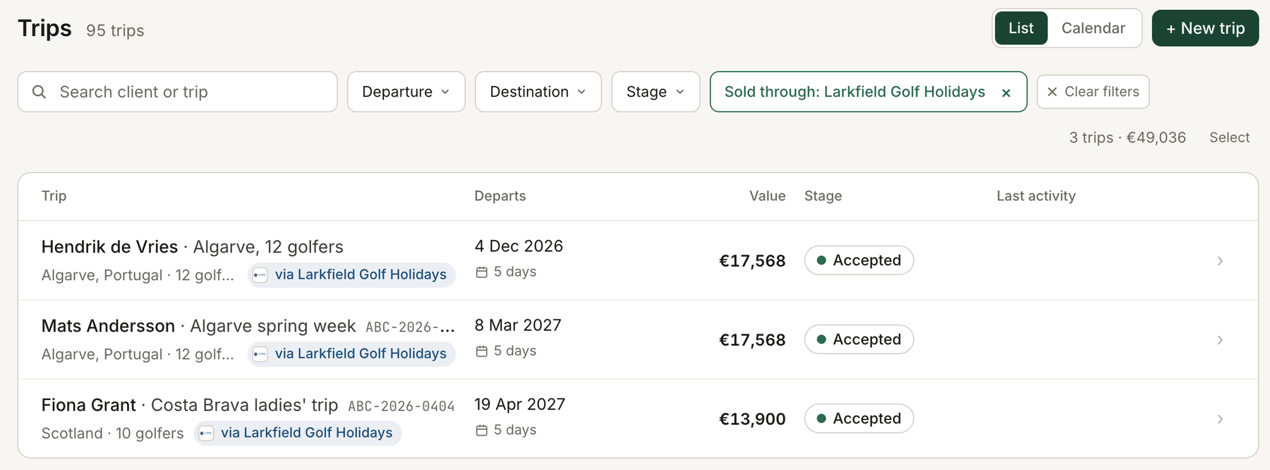 Trip list with a “via [partner]” label beside a golf trip