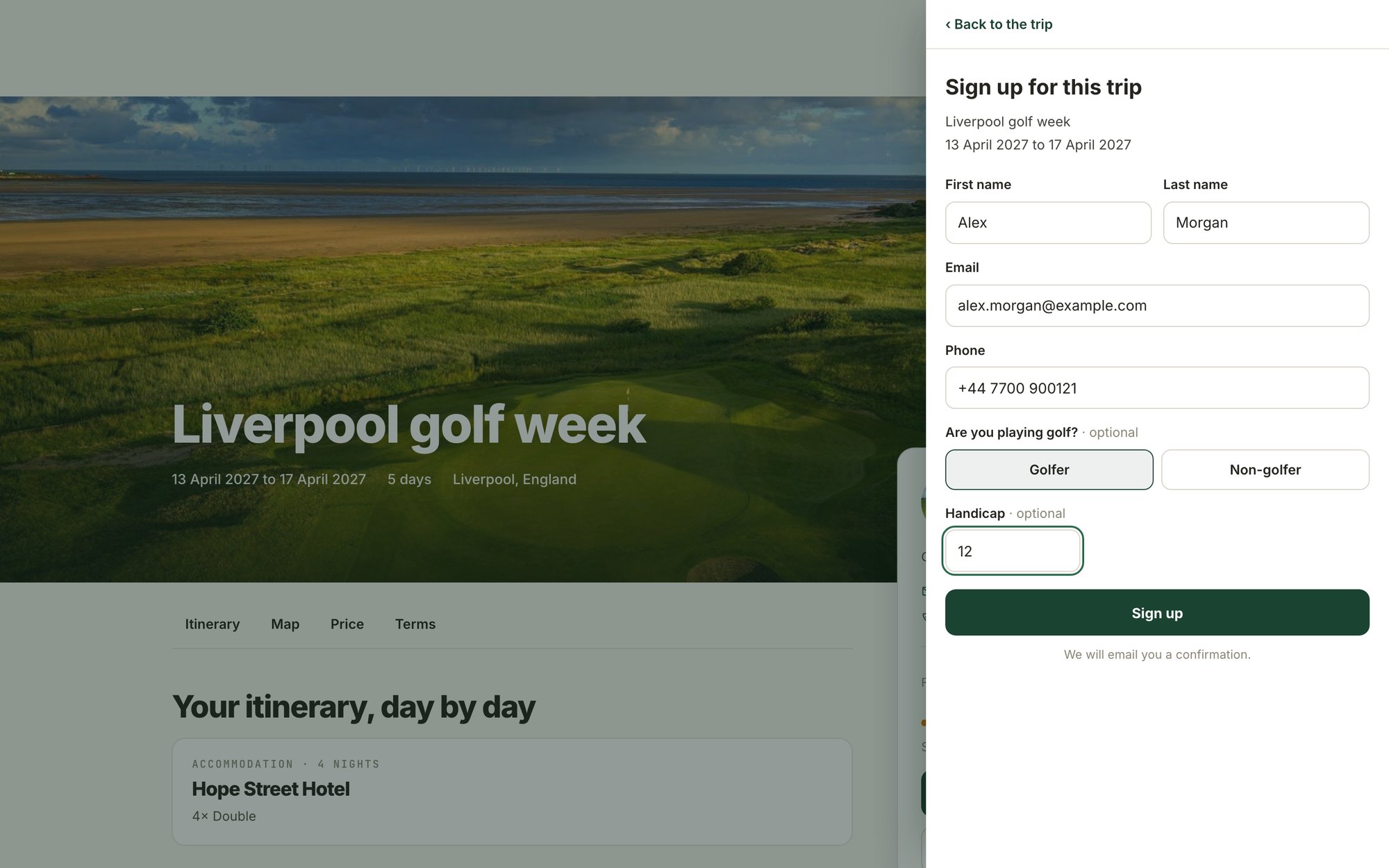 The sign-up form open beside the client page of a Liverpool trip, with name, email, phone, golfer or non-golfer and handicap