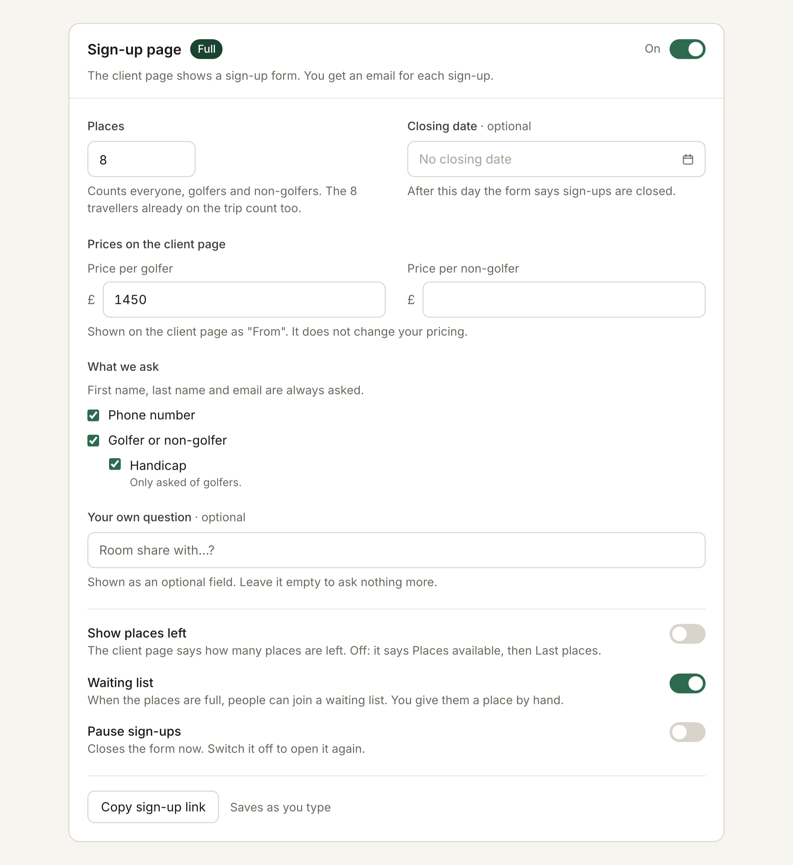 The Sign-up page card on a trip’s Overview: places, closing date, prices on the client page, what we ask, show places left, waiting list and pause sign-ups