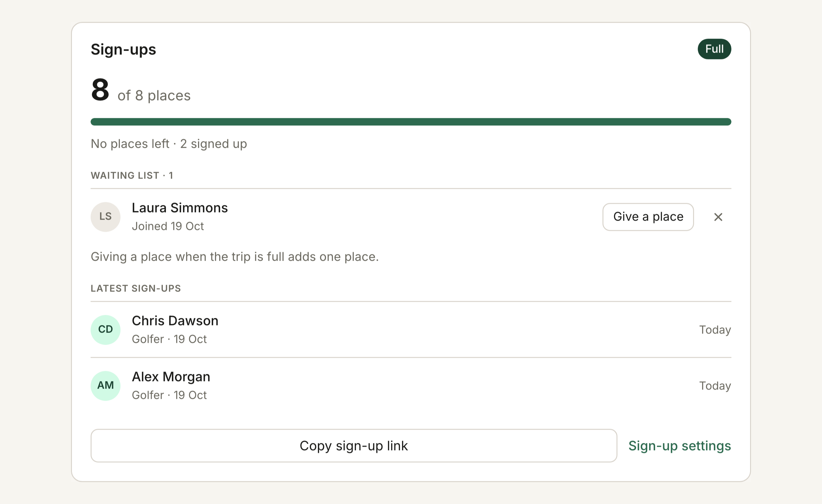 The Sign-ups card: 8 of 8 places, one person on the waiting list with Give a place, and the latest sign-ups
