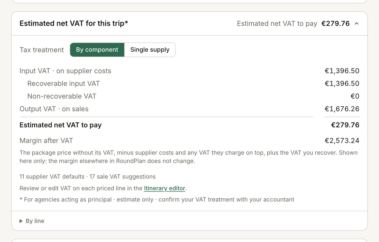 The Estimated net VAT card in a trip Overview: input VAT, recoverable VAT, output VAT, the net VAT to pay and the margin after VAT