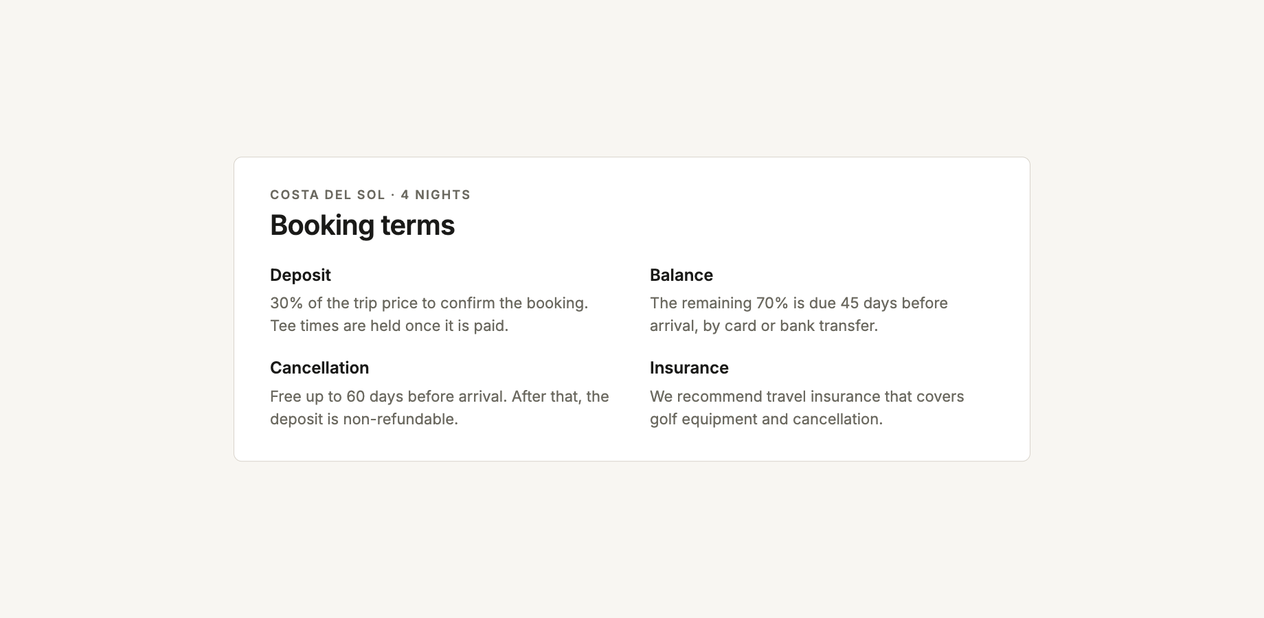 Booking terms at the end of a proposal: deposit, balance, cancellation and insurance