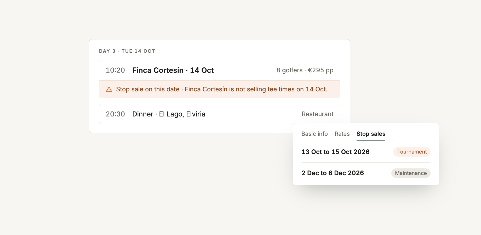 A course on a trip day with a stop sale warning, and the supplier's Stop sales tab