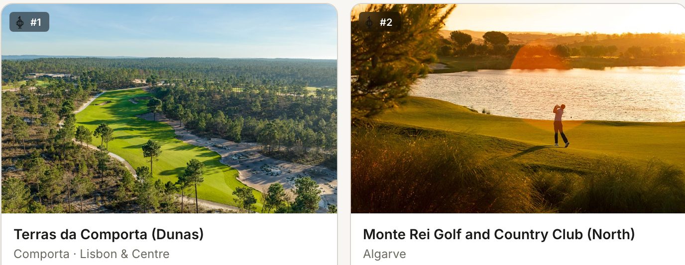 Two courses in the shared catalogue, each with its photograph, its name and where it is.