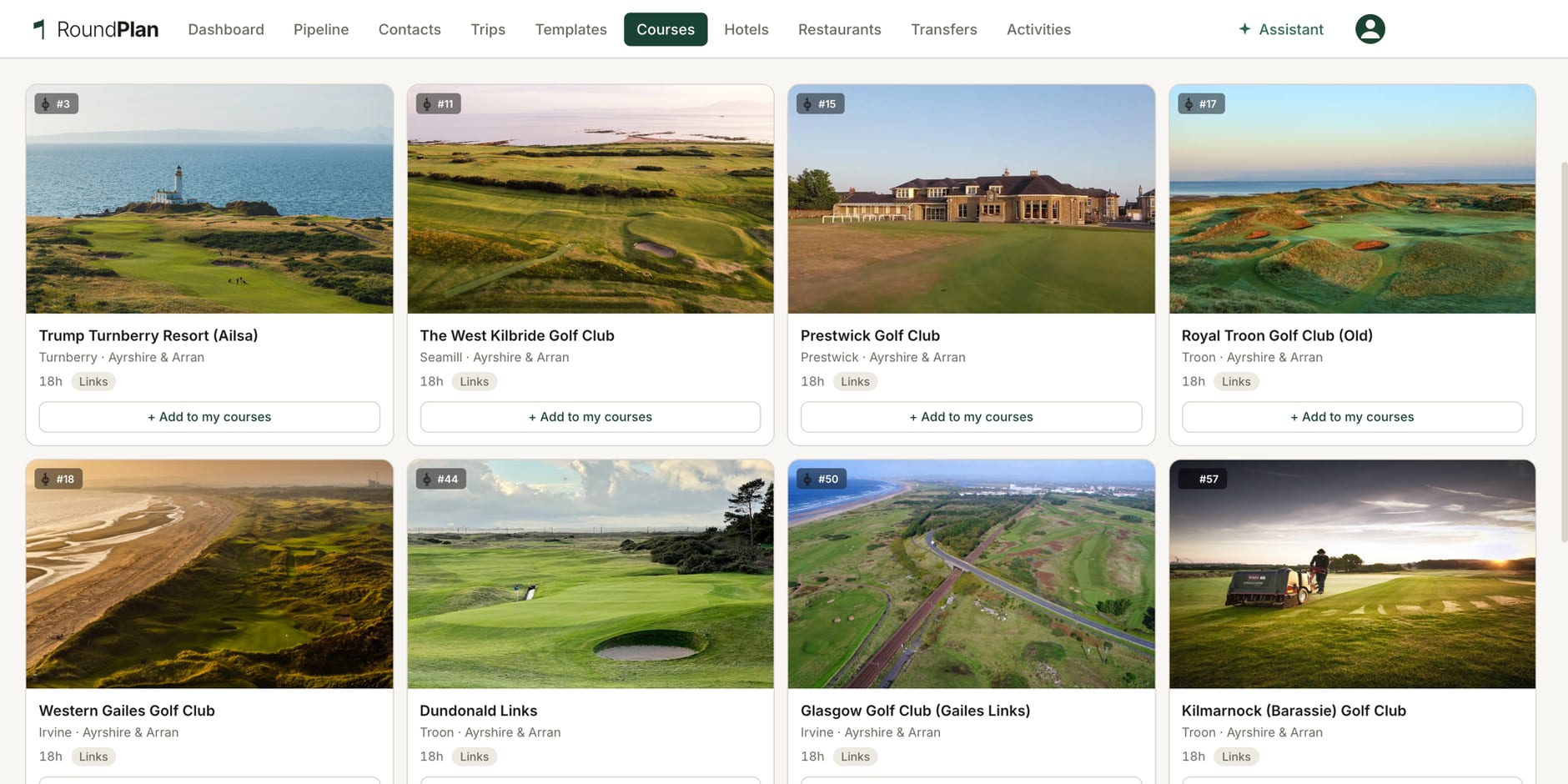 Course library in RoundPlan: photos, green fees and your own rates
